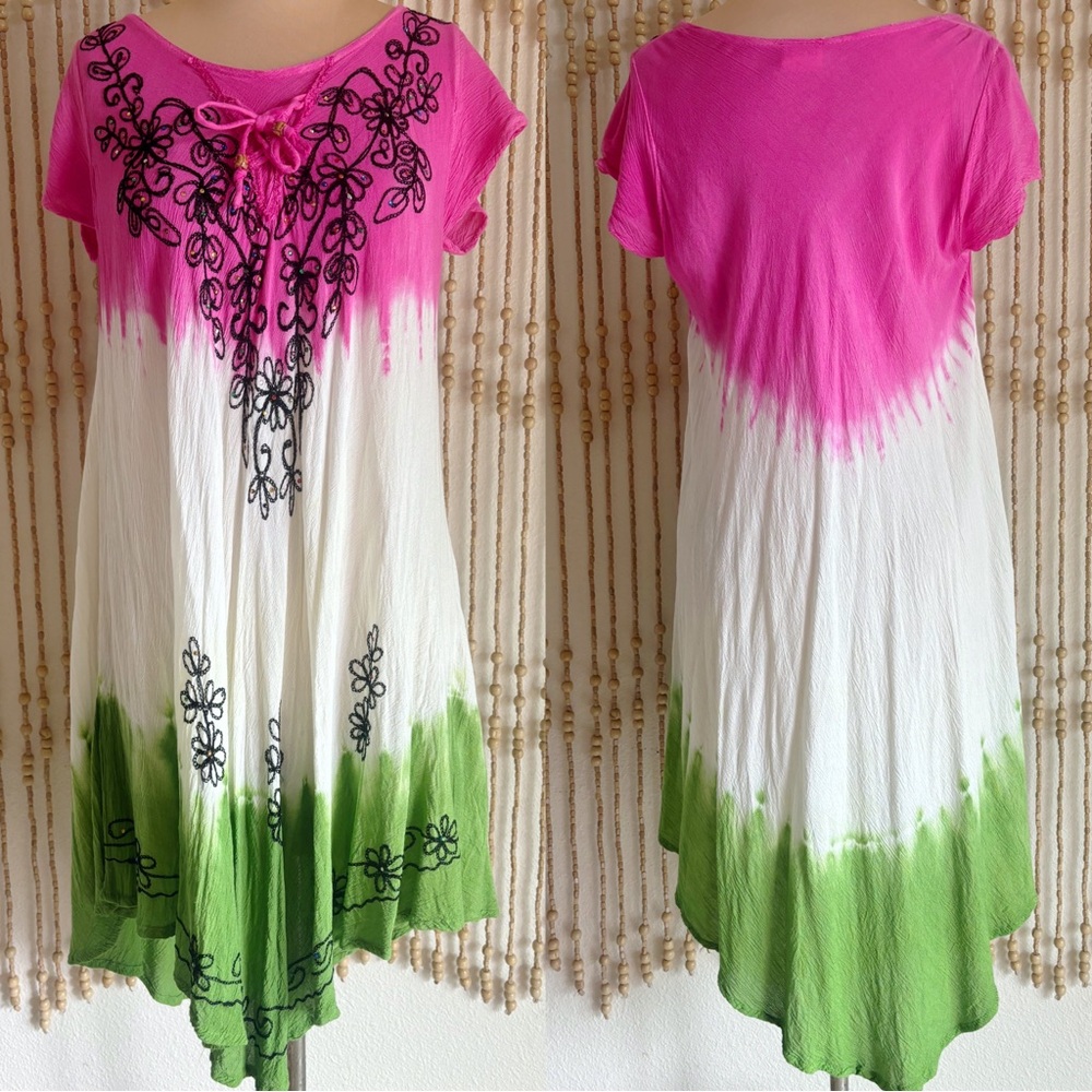 Boho Rayon Asymmetrical Flowy Embroidered Rasta Fairy Green Pink Festival Dress